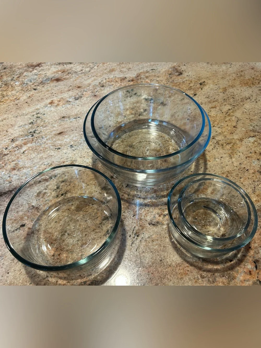 Anchor Hocking Gray Blue Rim Clear Glass Mixing Bowl Set (5) 1C,2C,4C,7C & 8Cup.